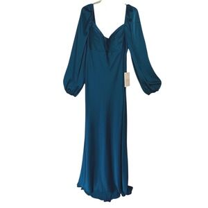 NWT $398 MAC DUGGAL‎ Teal Satin Sweetheart Neck Long Sleeve Maxi Dress Sz 12